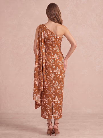 Rust One Shoulder Draped Ankle Length Printed Satin Wedding Guest Dresses Formal Dresses