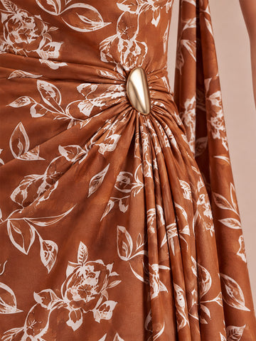 Rust One Shoulder Draped Ankle Length Printed Satin Wedding Guest Dresses Formal Dresses