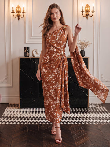 Rust One Shoulder Draped Ankle Length Printed Satin Wedding Guest Dresses Formal Dresses