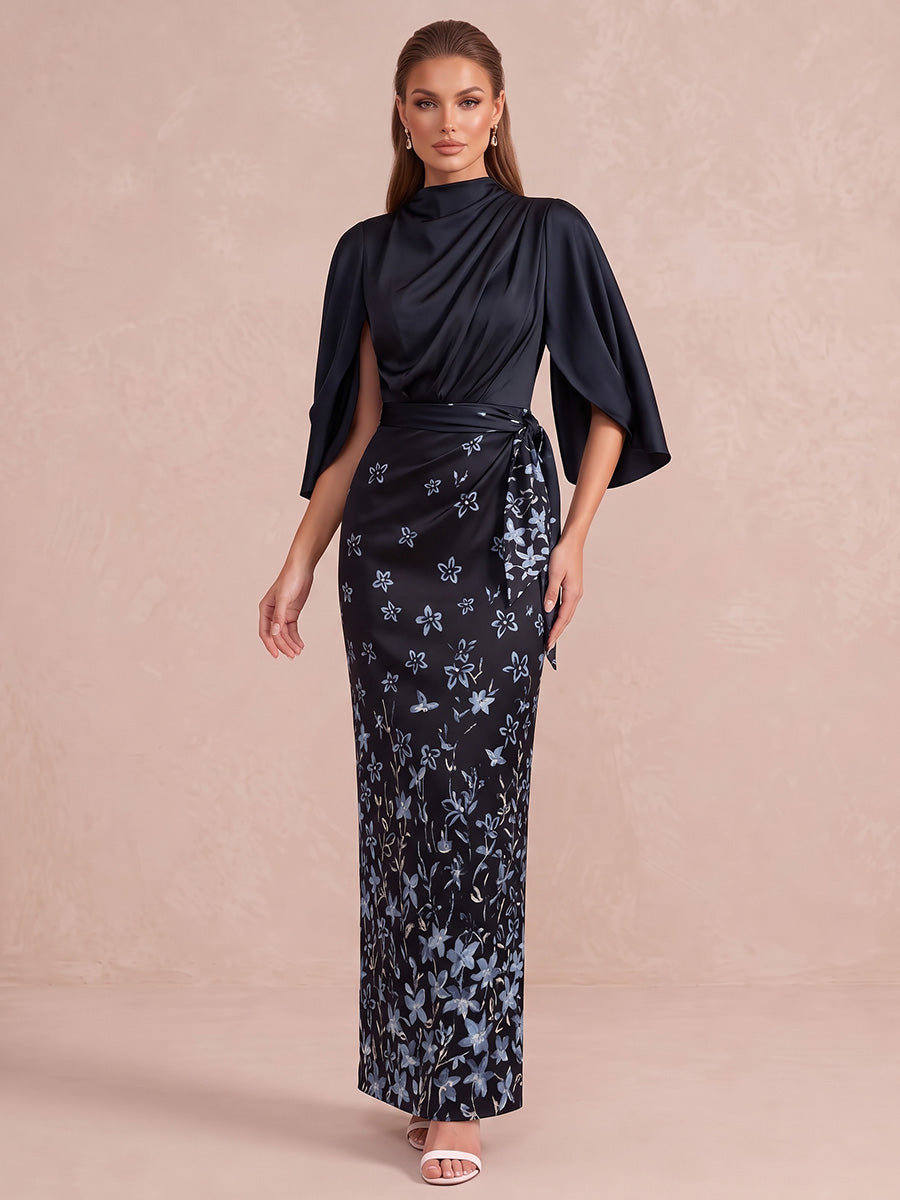 Navy Blue Cape Sleeve Ankle Length Printed Satin Wedding Guest Dresses High Neck Formal Dresses