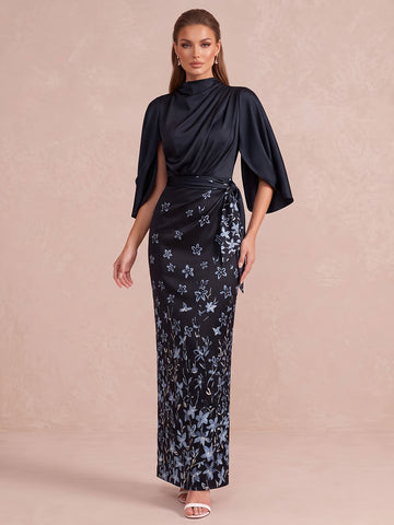 Navy Blue Cape Sleeve Ankle Length Printed Satin Wedding Guest Dresses High Neck Formal Dresses