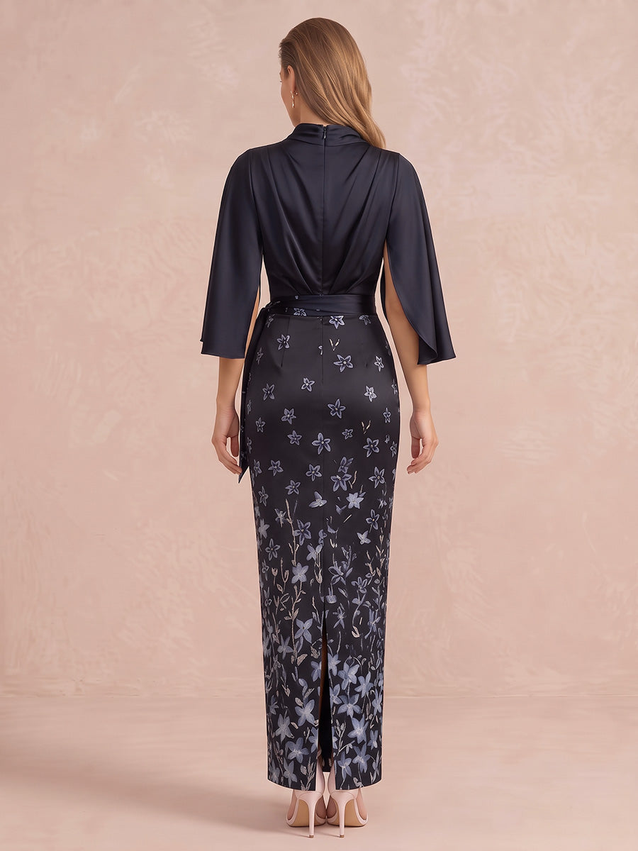 Navy Blue Cape Sleeve Ankle Length Printed Satin Wedding Guest Dresses High Neck Formal Dresses