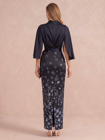 Navy Blue Cape Sleeve Ankle Length Printed Satin Wedding Guest Dresses High Neck Formal Dresses
