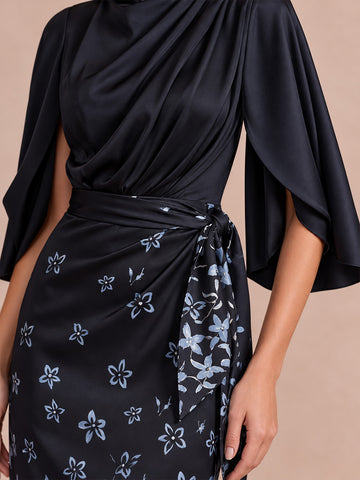 Navy Blue Cape Sleeve Ankle Length Printed Satin Wedding Guest Dresses High Neck Formal Dresses