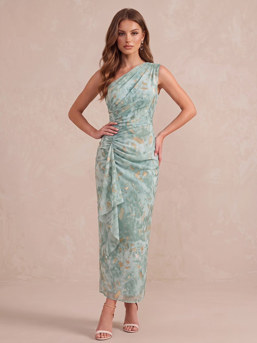 Sage Green Tea Length Printed Wedding Guest Dresses One Shoulder Formal Dresses