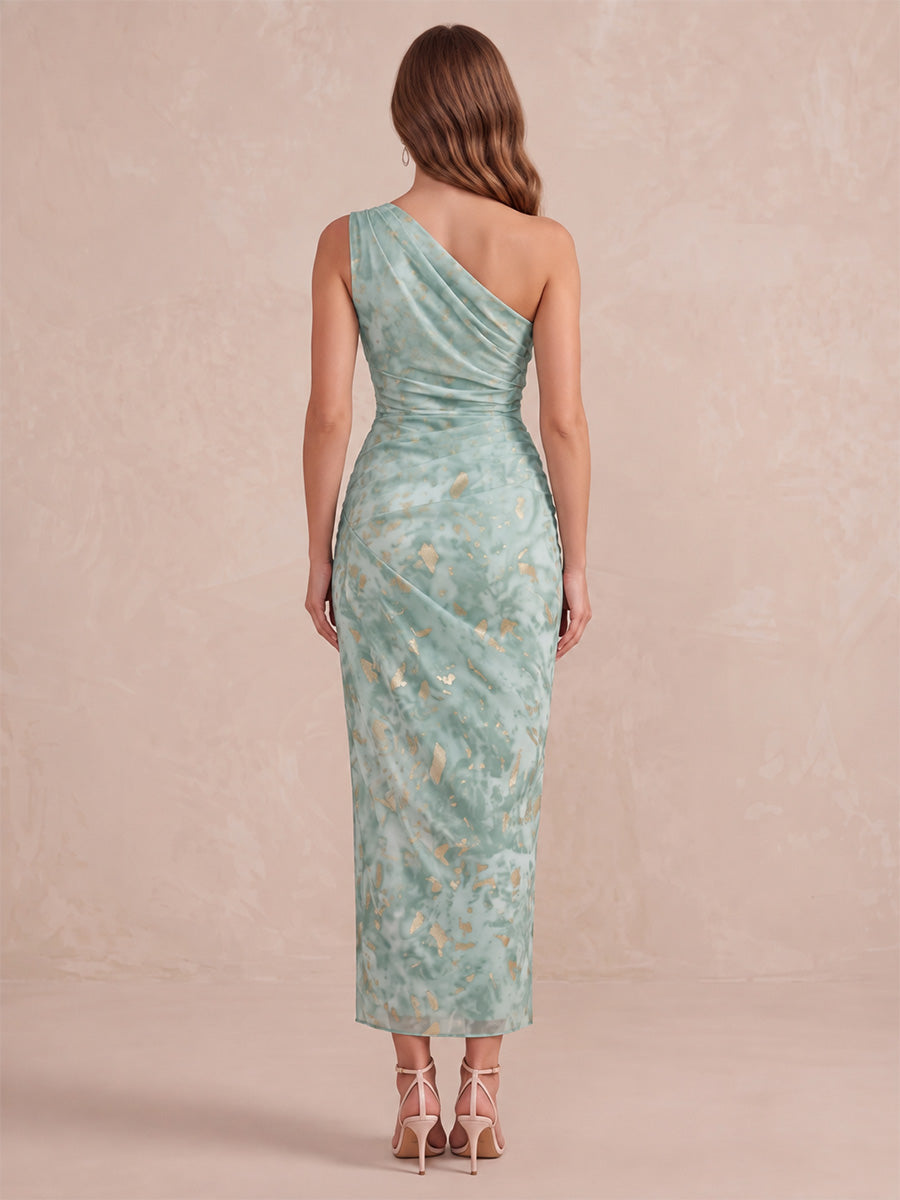 Sage Green Tea Length Printed Wedding Guest Dresses One Shoulder Formal Dresses