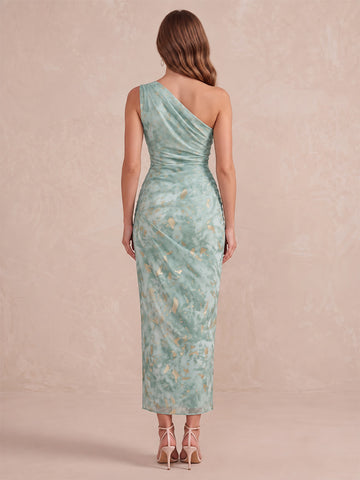 Sage Green Tea Length Printed Wedding Guest Dresses One Shoulder Formal Dresses