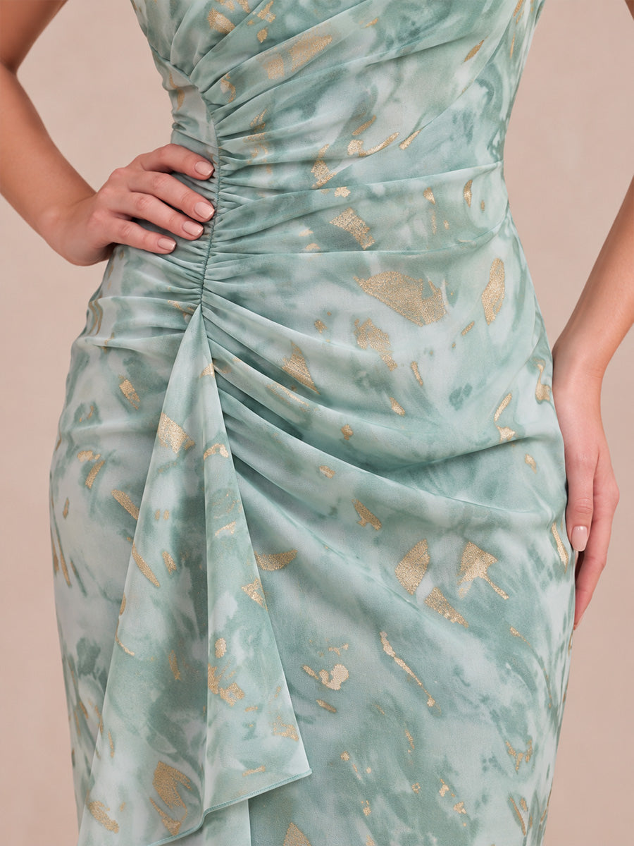 Sage Green Tea Length Printed Wedding Guest Dresses One Shoulder Formal Dresses