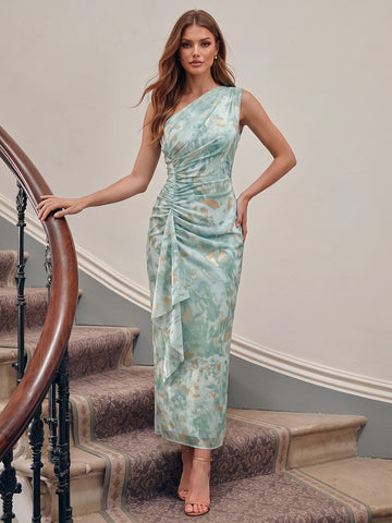 Sage Green Tea Length Printed Wedding Guest Dresses One Shoulder Formal Dresses