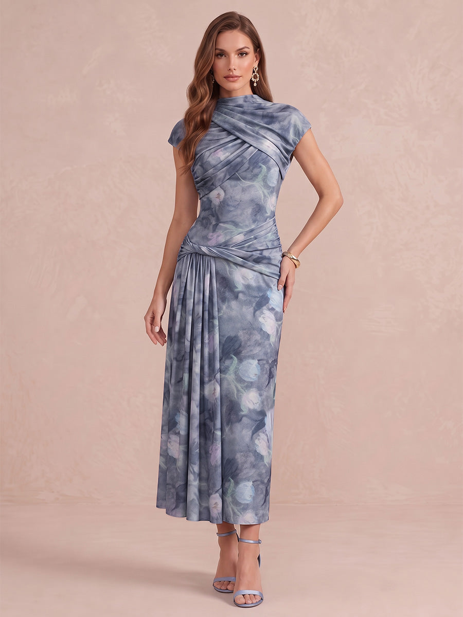 Cape Sleeve Ruched Ankle Length Printed Chiffon Wedding Guest Dresses High Neck Formal Dresses