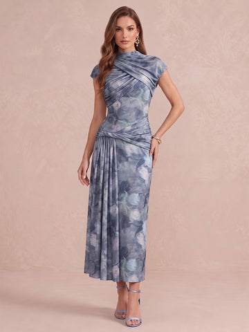 Cape Sleeve Ruched Ankle Length Printed Chiffon Wedding Guest Dresses High Neck Formal Dresses