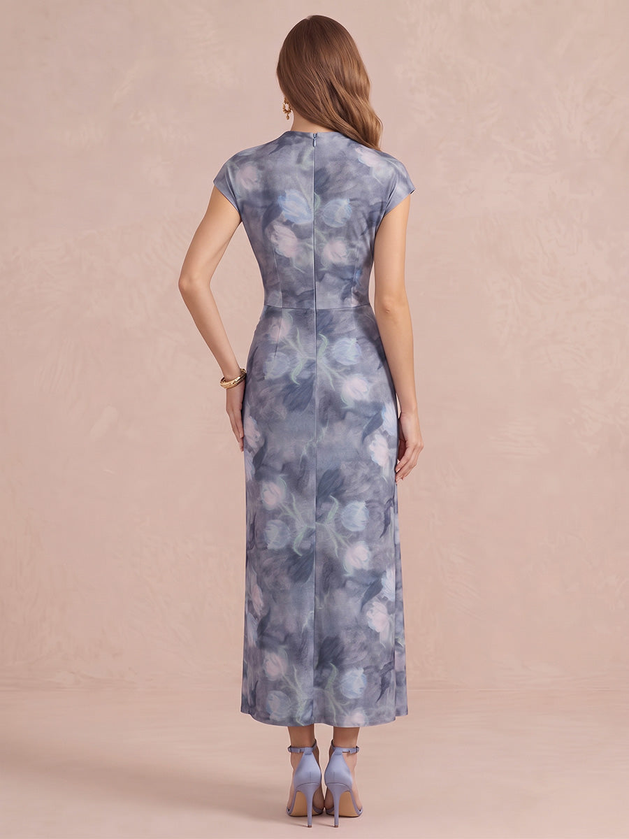 Cape Sleeve Ruched Ankle Length Printed Chiffon Wedding Guest Dresses High Neck Formal Dresses