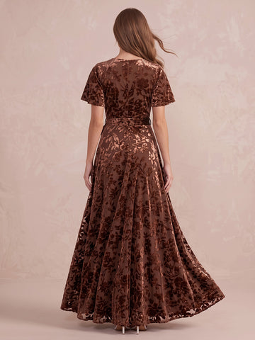 Brown Wrap A Line Long Burnout Velvet Wedding Guest Dresses V Neck Formal Dresses