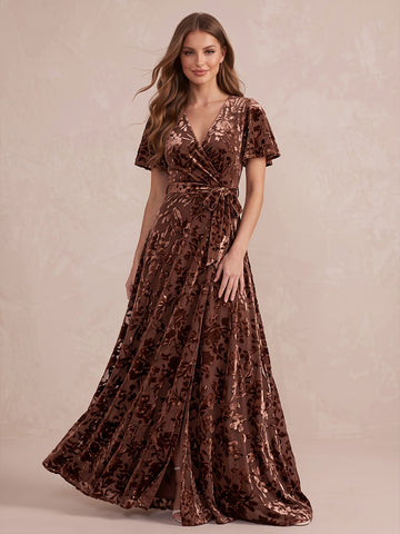 Brown Wrap A Line Long Burnout Velvet Wedding Guest Dresses V Neck Formal Dresses