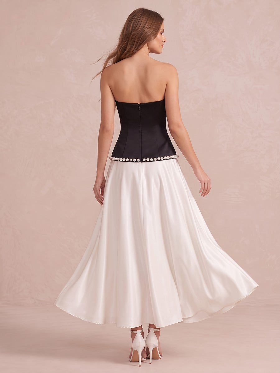 Black And White A Line Floor Length Satin Wedding Guest Dresses  Strapless Formal Dresses