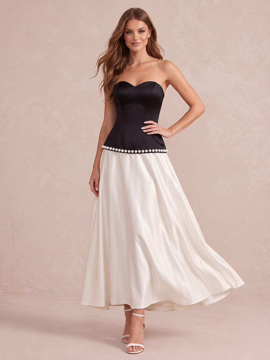 Black And White A Line Floor Length Satin Wedding Guest Dresses  Strapless Formal Dresses