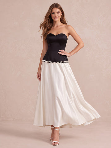 Black And White A Line Floor Length Satin Wedding Guest Dresses  Strapless Formal Dresses
