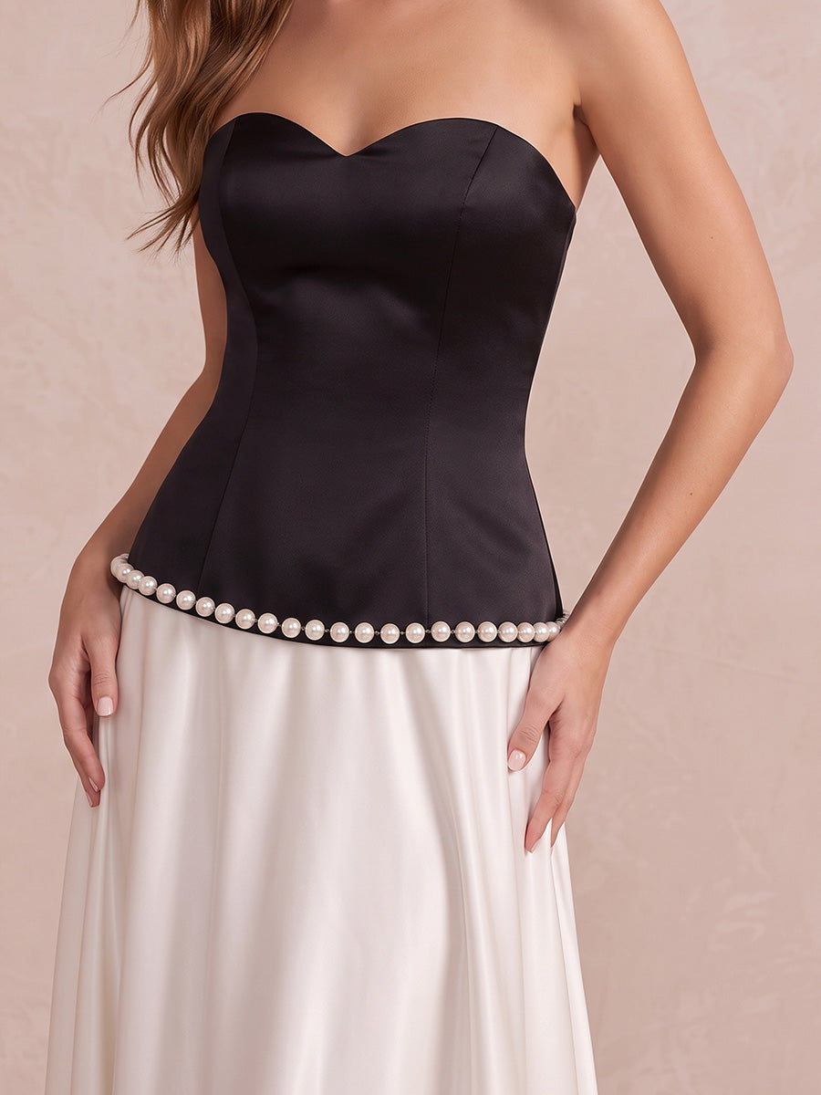 Black And White A Line Floor Length Satin Wedding Guest Dresses  Strapless Formal Dresses