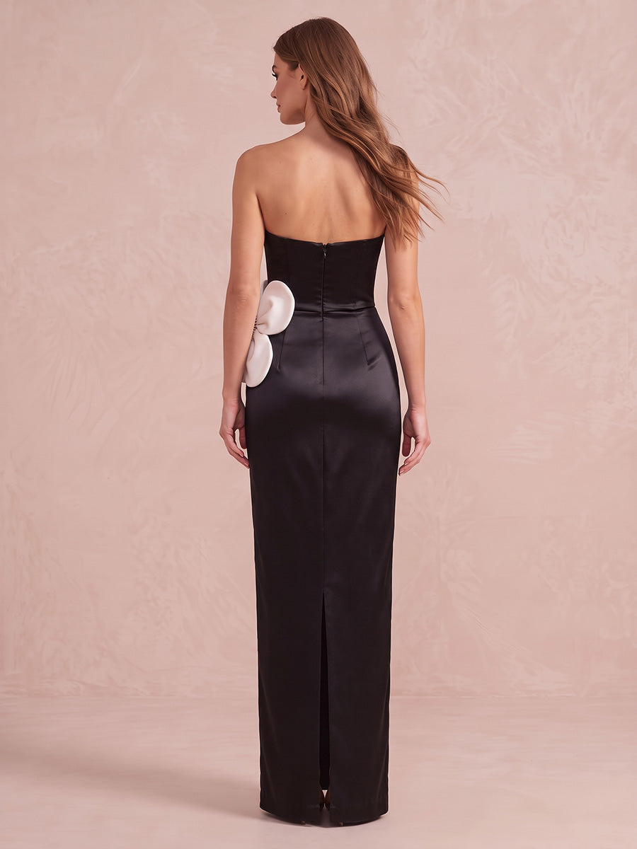 Black And White Sheath Floor Length Satin Wedding Guest Dresses Strapless Evening Dresses