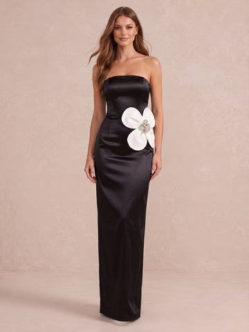 Black And White Sheath Floor Length Satin Wedding Guest Dresses Strapless Evening Dresses