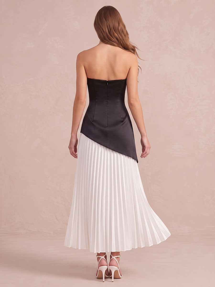 Black And White A Line Floor Length Satin Wedding Guest Dresses Strapless Formal Dresses