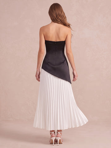 Black And White A Line Floor Length Satin Wedding Guest Dresses Strapless Formal Dresses