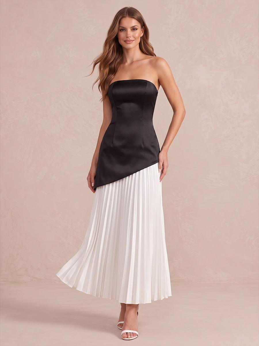 Black And White A Line Floor Length Satin Wedding Guest Dresses Strapless Formal Dresses