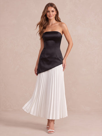 Black And White A Line Floor Length Satin Wedding Guest Dresses Strapless Formal Dresses