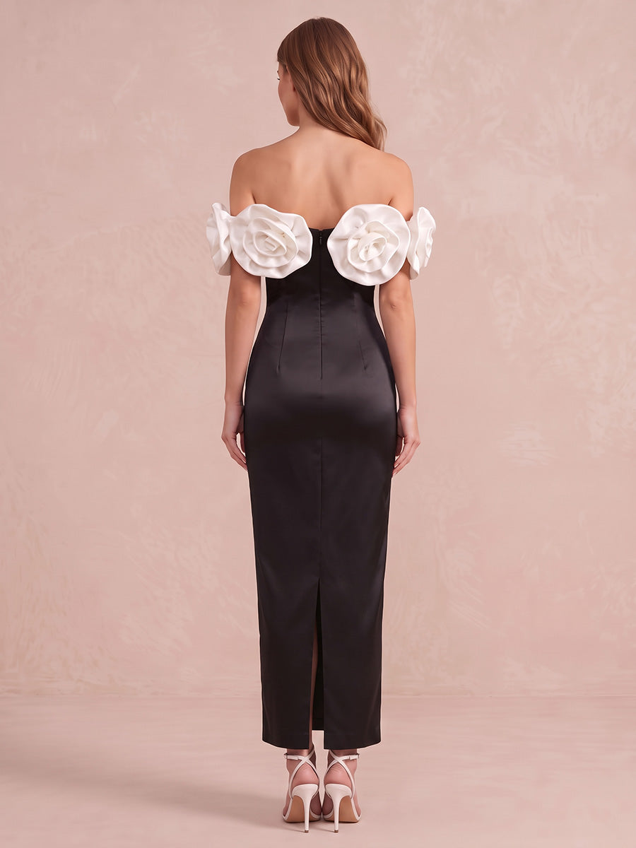 Black Sheath Ankle Length Satin Wedding Guest Dresses Off Shoulder Formal Dresses