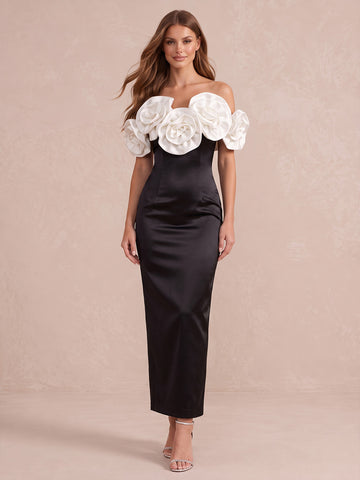 Black Sheath Ankle Length Satin Wedding Guest Dresses Off Shoulder Formal Dresses
