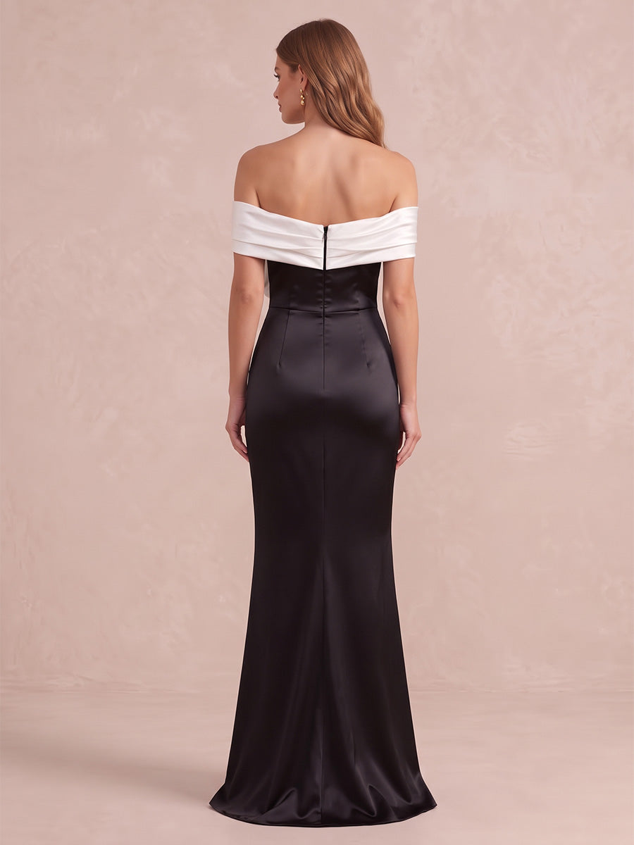 Black And White Mermaid Floor Length Satin Wedding Guest Dresses Off Shoulder Formal Dresses