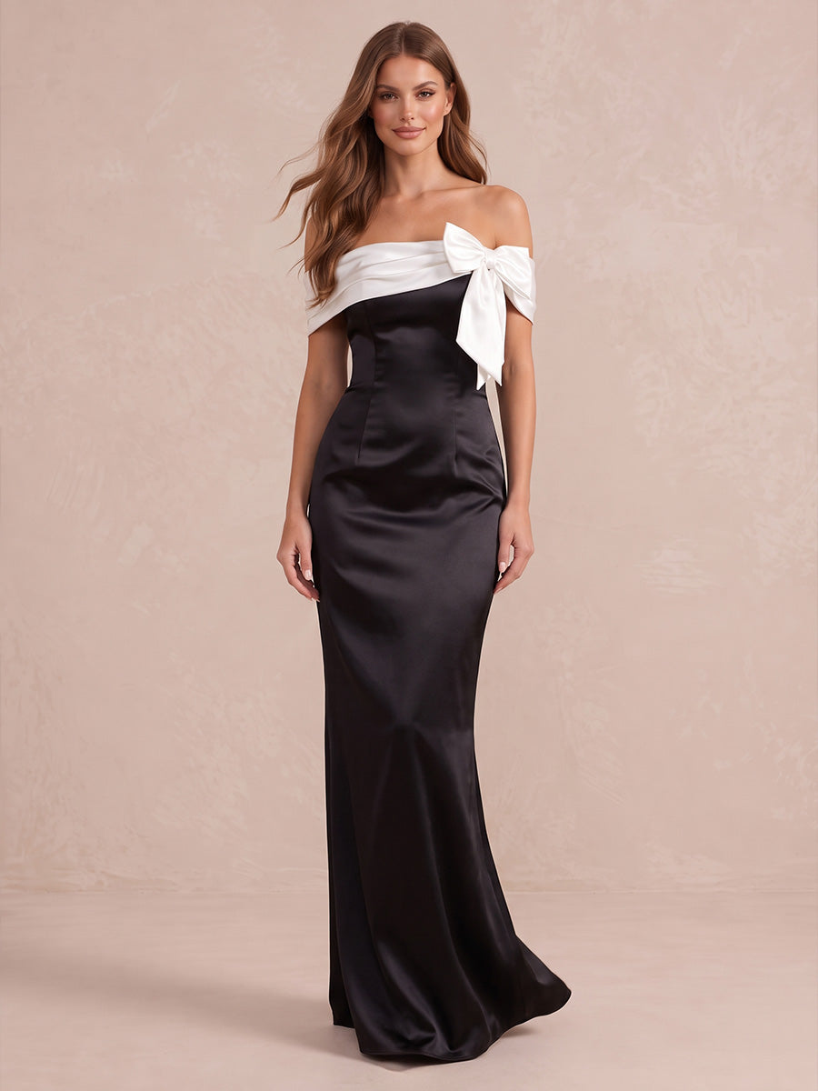Black And White Mermaid Floor Length Satin Wedding Guest Dresses Off Shoulder Formal Dresses