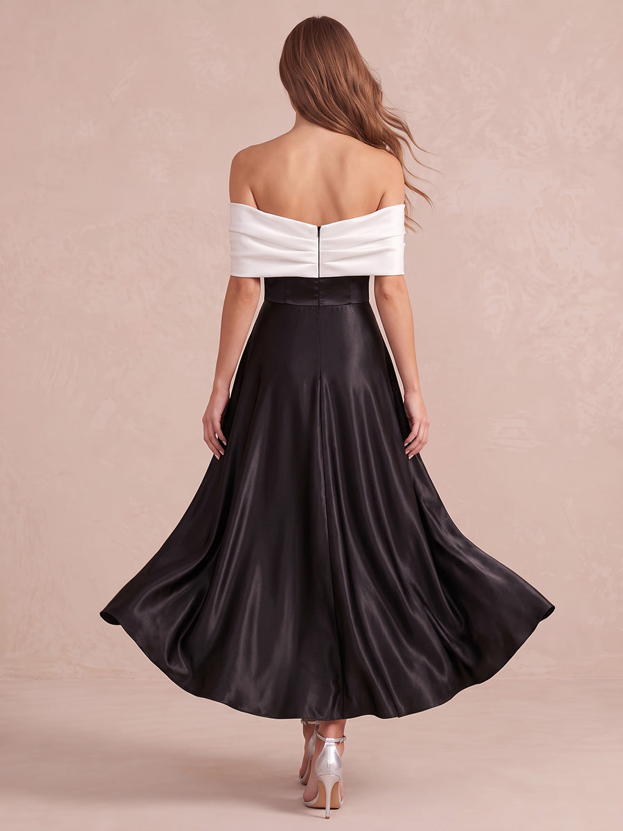 Black And White A Line Ankle Length Satin Wedding Guest Dresses Off Shoulder Formal Dresses