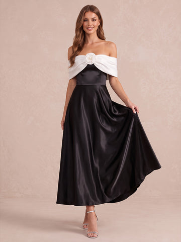 Black And White A Line Ankle Length Satin Wedding Guest Dresses Off Shoulder Formal Dresses