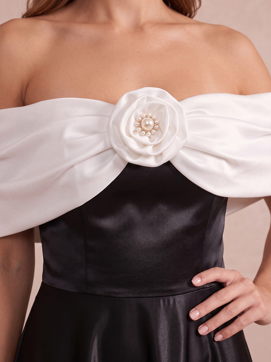 Black And White A Line Ankle Length Satin Wedding Guest Dresses Off Shoulder Formal Dresses