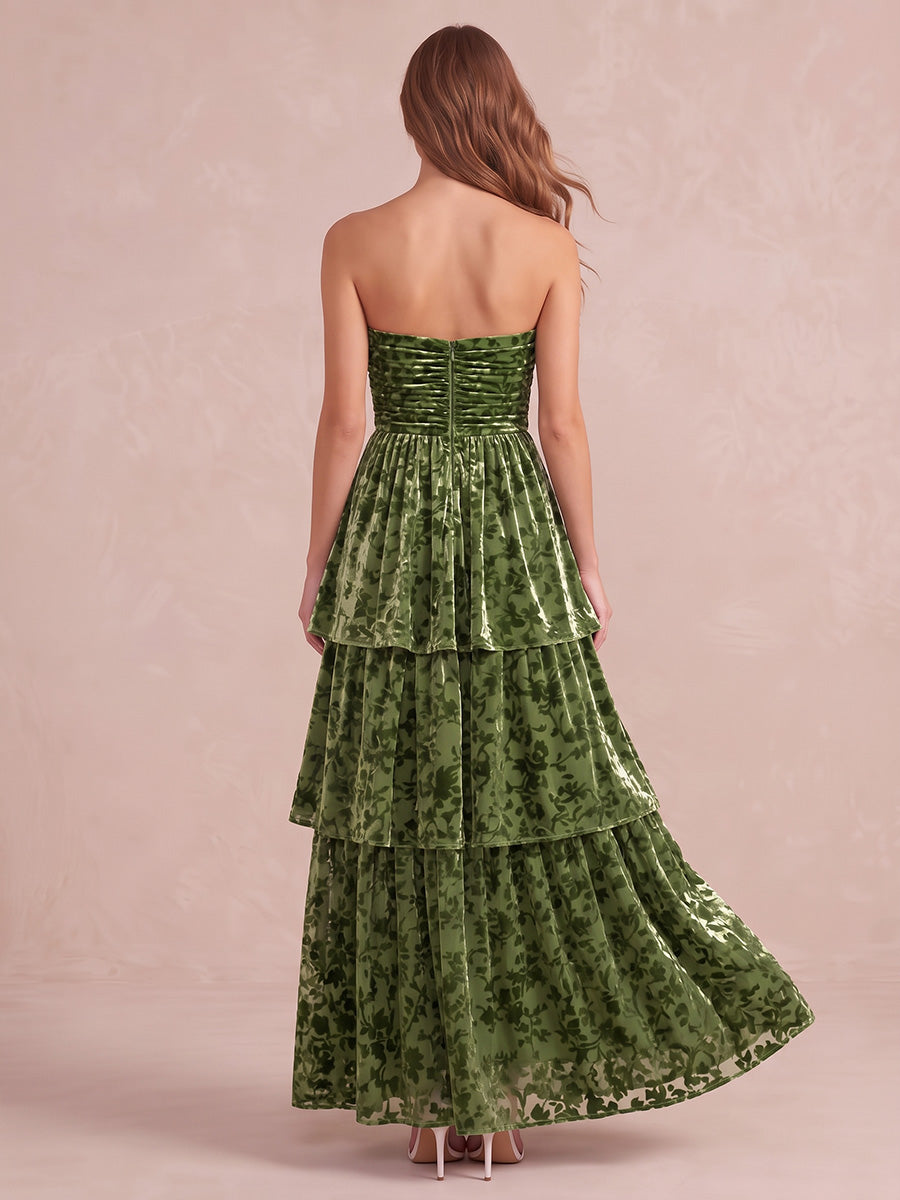 Olive Green Tiered A Line Ankle Length Burnout Velvet Wedding Guest Dresses Strapless Formal Dresses
