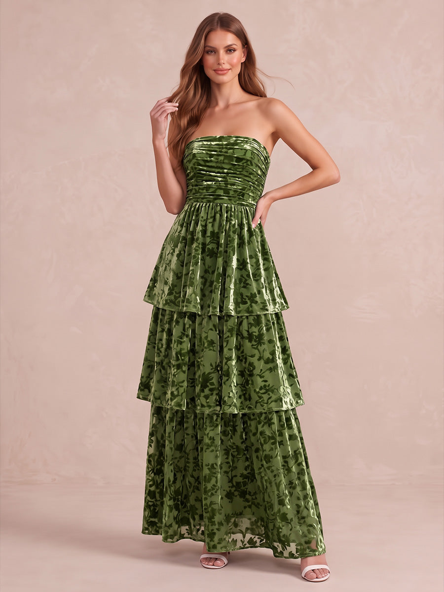 Olive Green Tiered A Line Ankle Length Burnout Velvet Wedding Guest Dresses Strapless Formal Dresses