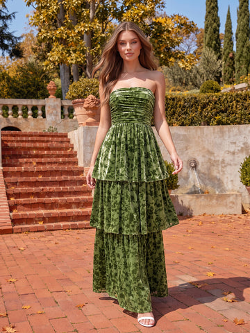 Olive Green Tiered A Line Ankle Length Burnout Velvet Wedding Guest Dresses Strapless Formal Dresses