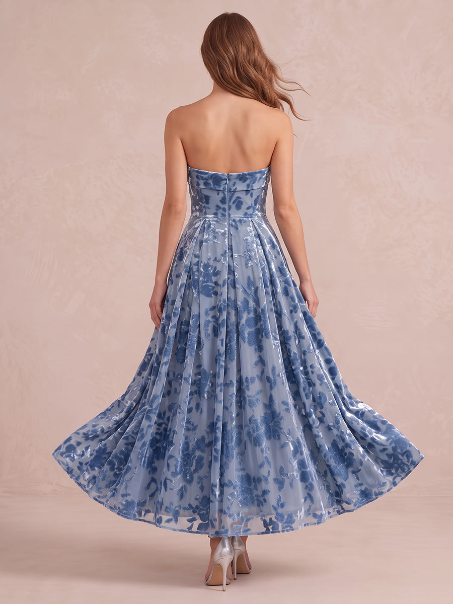 Dusty Blue A Line Ankle Length Burnout Velvet Wedding Guest Dresses Strapless Formal Dresses