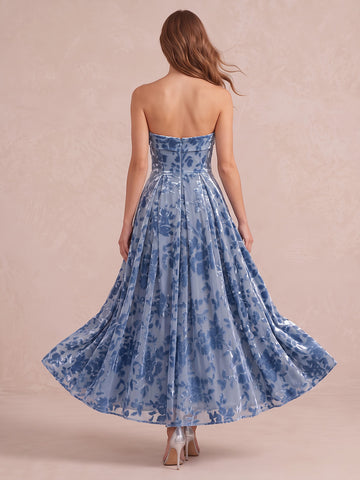 Dusty Blue A Line Ankle Length Burnout Velvet Wedding Guest Dresses Strapless Formal Dresses