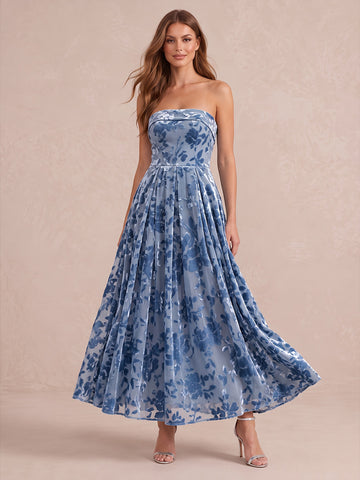 Dusty Blue A Line Ankle Length Burnout Velvet Wedding Guest Dresses Strapless Formal Dresses