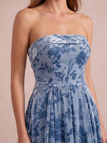Dusty Blue A Line Ankle Length Burnout Velvet Wedding Guest Dresses Strapless Formal Dresses