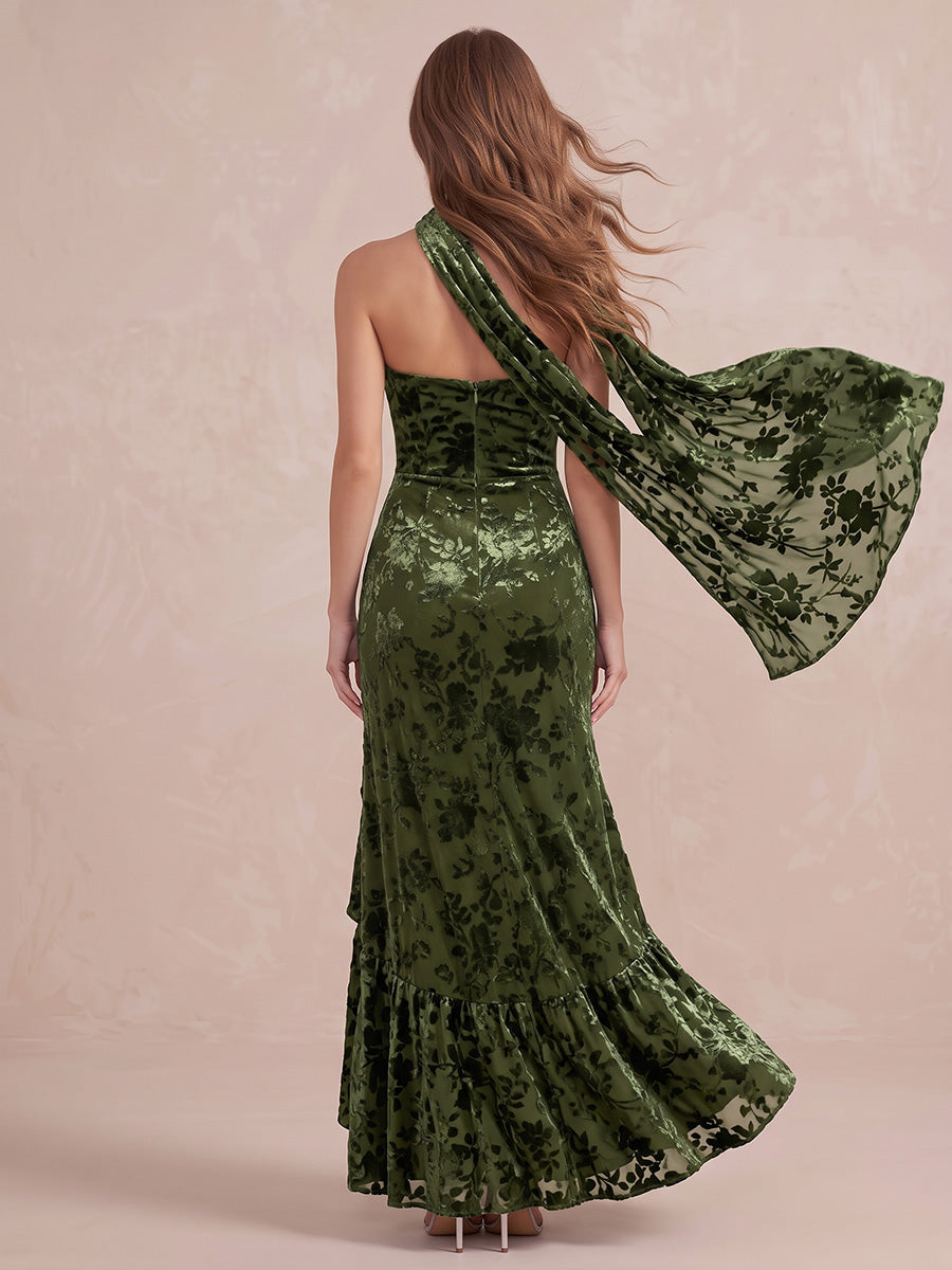 Olive Green Sheath Ankle Length Burnout Velvet Wedding Guest Dresses Strapless Formal Dresses