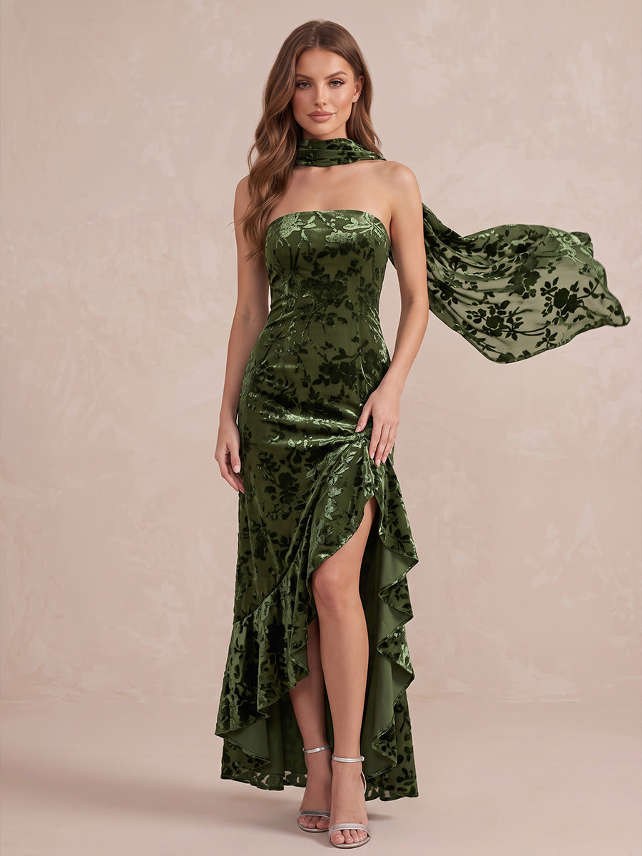 Olive Green Sheath Ankle Length Burnout Velvet Wedding Guest Dresses Strapless Formal Dresses