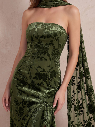 Olive Green Sheath Ankle Length Burnout Velvet Wedding Guest Dresses Strapless Formal Dresses