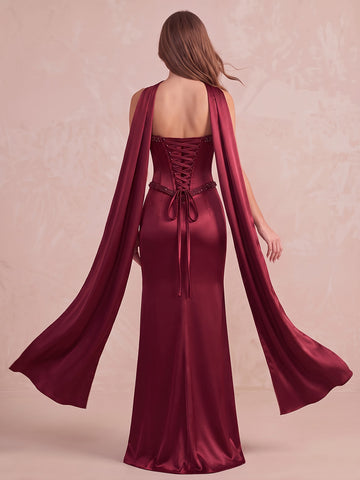 Burgundy Mermaid Floor Length Satin Wedding Guest Dresses Sweetheart Strapless Evening Dresses