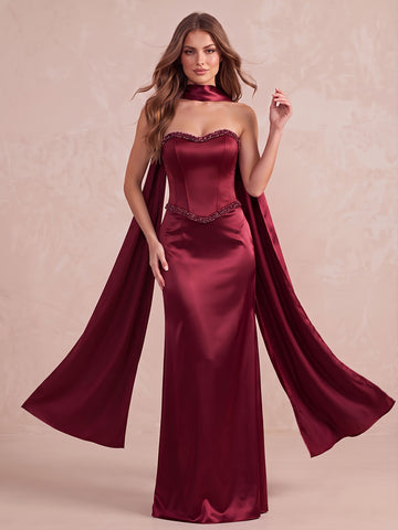 Burgundy Mermaid Floor Length Satin Wedding Guest Dresses Sweetheart Strapless Evening Dresses