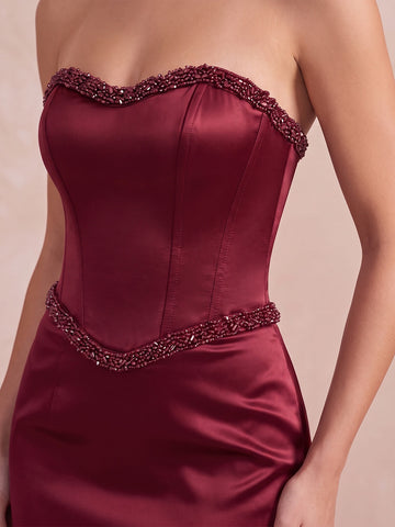 Burgundy Mermaid Floor Length Satin Wedding Guest Dresses Sweetheart Strapless Evening Dresses