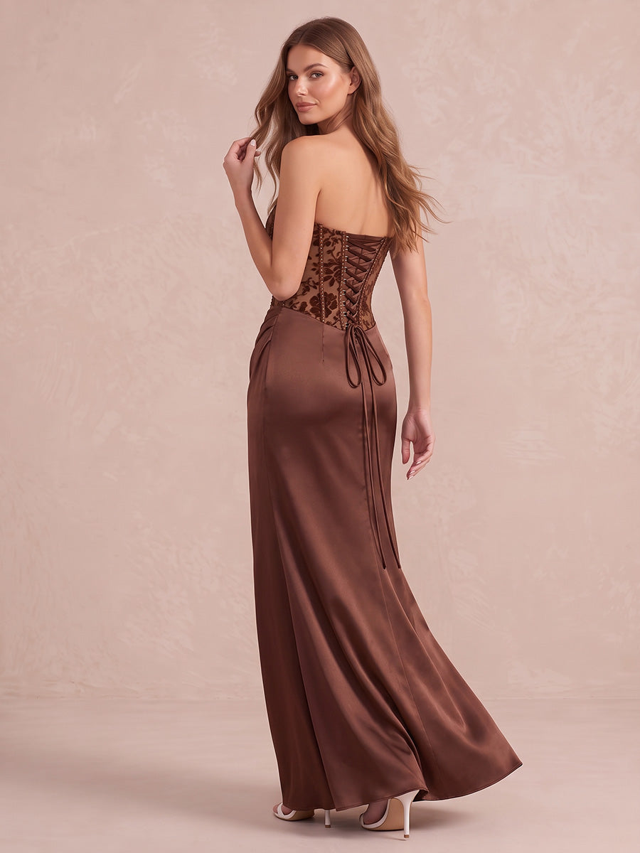 Chocolate Brown Sheath Floor Length Burnout Velvet Satin Wedding Guest Dresses Strapless Corset Formal Dresses