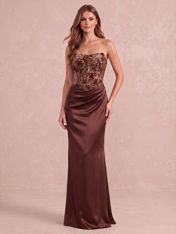 Chocolate Brown Sheath Floor Length Burnout Velvet Satin Wedding Guest Dresses Strapless Corset Formal Dresses